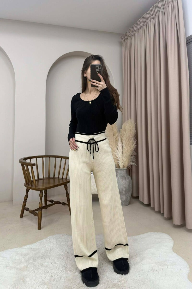 STRIPES LACINGS KNIT WOMEN TROUSERS CREAM+BLACK/KREM+ZEZE - 4