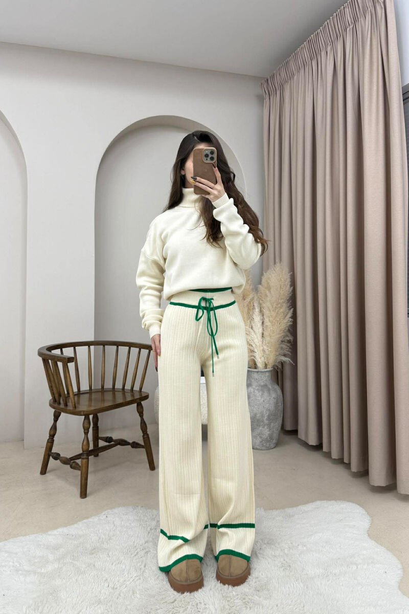 STRIPES LACINGS KNIT WOMEN TROUSERS GREEN-CREAM/JESHILE-KREM - 2