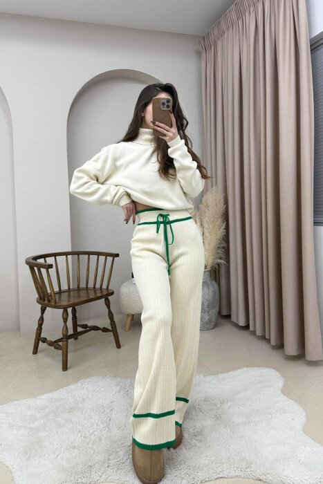 STRIPES LACINGS KNIT WOMEN TROUSERS GREEN-CREAM/JESHILE-KREM - 3