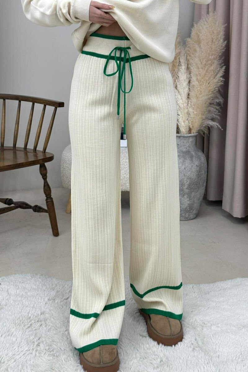 STRIPES LACINGS KNIT WOMEN TROUSERS GREEN-CREAM/JESHILE-KREM - 1