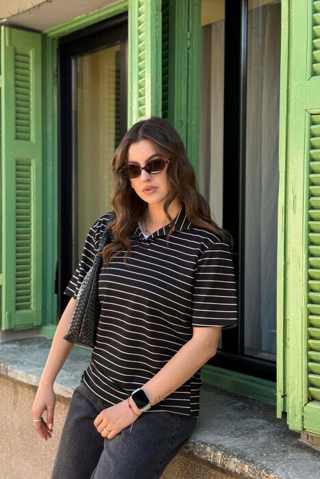 STRIPES POLO NECK WOMAN T-SHIRT + 6 PAIR SOCKS BLACK/ E ZEZE - 4