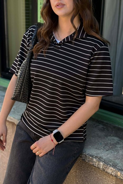 STRIPES POLO NECK WOMAN T-SHIRT + 6 PAIR SOCKS BLACK/ E ZEZE - 5