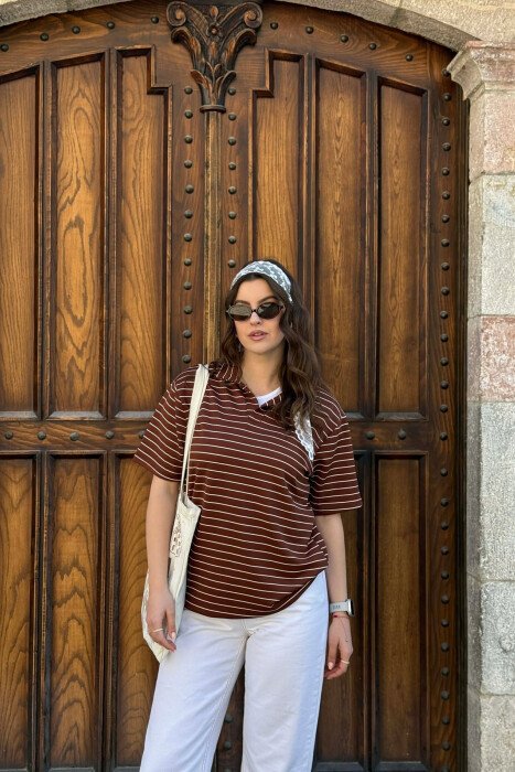 STRIPES POLO NECK WOMAN T-SHIRT + 6 PAIR SOCKS BROWN/KAFE - 1