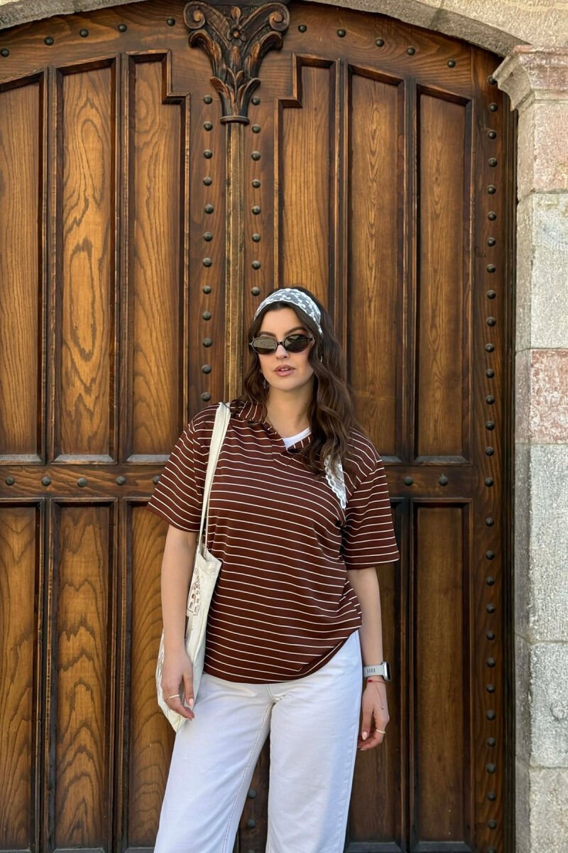 STRIPES POLO NECK WOMAN T-SHIRT + 6 PAIR SOCKS BROWN/KAFE - 1