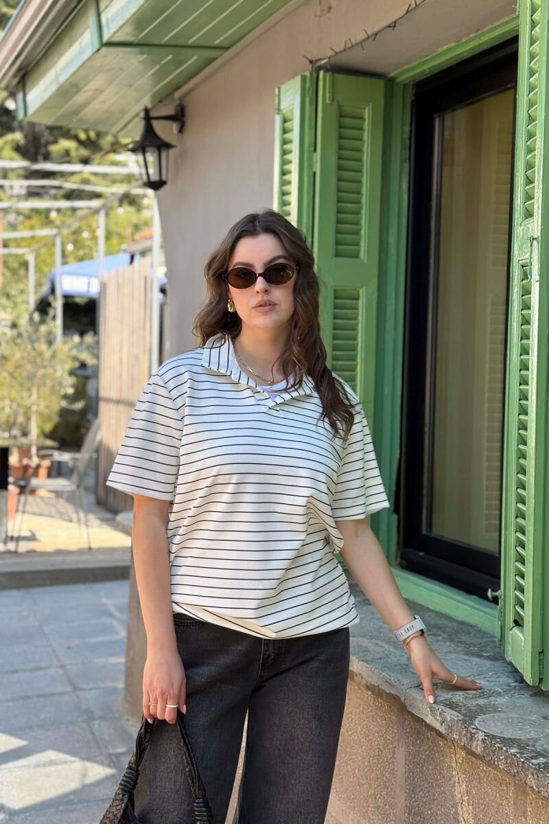 STRIPES POLO NECK WOMAN T-SHIRT + 6 PAIR SOCKS WHITE-E BARDHE - 1