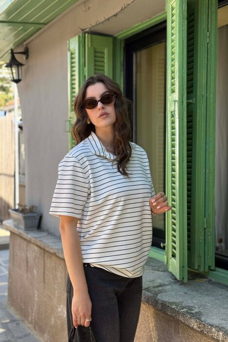 STRIPES POLO NECK WOMAN T-SHIRT + 6 PAIR SOCKS WHITE-E BARDHE - 3