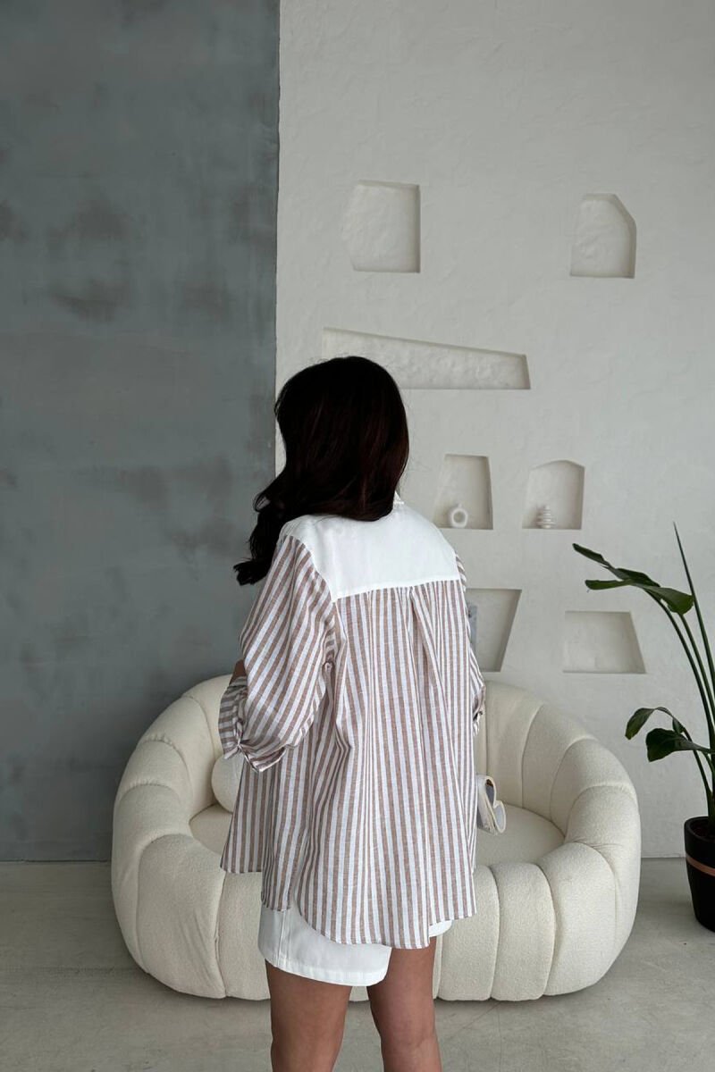 STRIPES SHIRT + SHORTS WOMAN TWO PIECE SET WHITE-BROWN/BAKA - 2