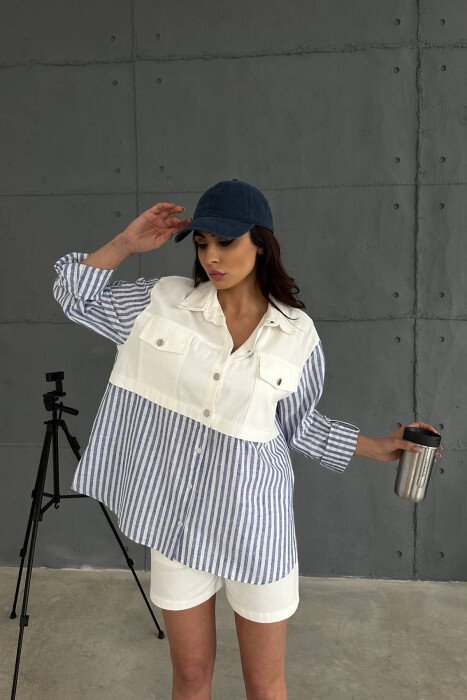 STRIPES SHIRT + SHORTS WOMAN TWO PIECE SET WHITE-E BARDHE - KLAUDIO FASHION