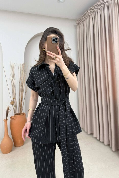 STRIPES SHORT SLEEVE SHIRT + TROUSERS WOMAN SET BLACK/ E ZEZE - 3