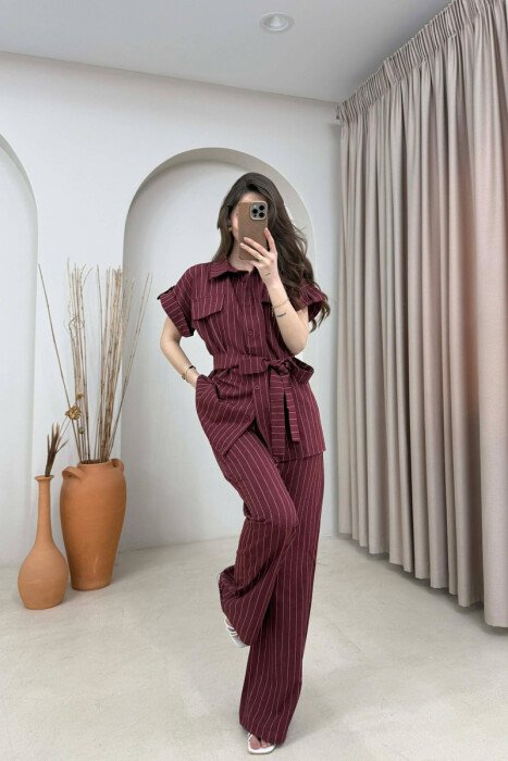 STRIPES SHORT SLEEVE SHIRT + TROUSERS WOMAN SET BURGUNDY/VISHNJE - 2