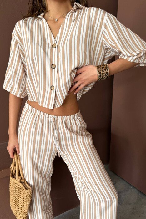 STRIPES SHORT SLEEVE SHIRT+ TROUSERS WOMAN TWO PIECE SET BEIGE/BEZHE - 6