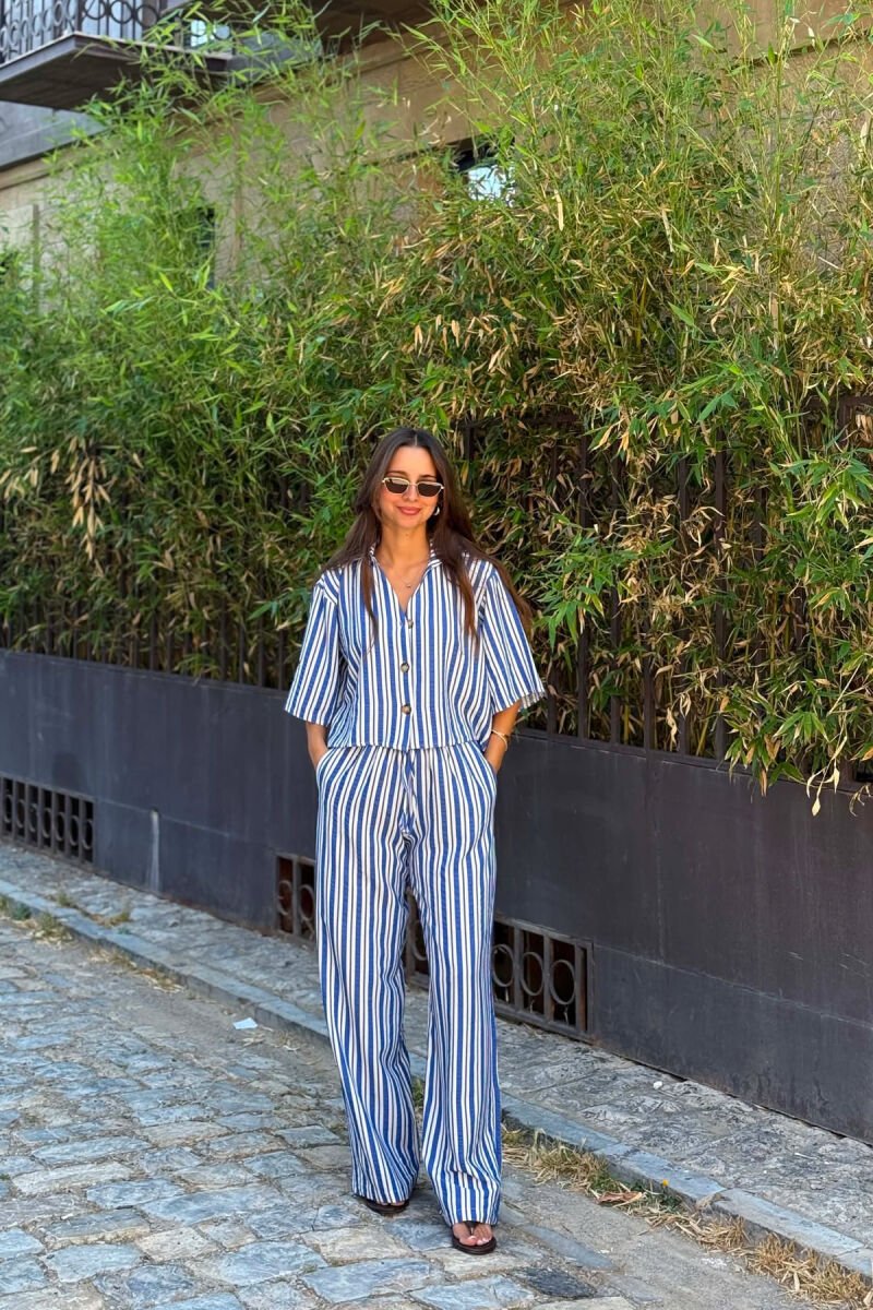 STRIPES SHORT SLEEVE SHIRT+ TROUSERS WOMAN TWO PIECE SET BLUE/BLU - 1