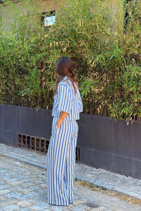 STRIPES SHORT SLEEVE SHIRT+ TROUSERS WOMAN TWO PIECE SET BLUE/BLU - 4