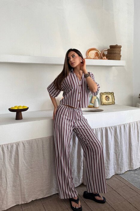 STRIPES SHORT SLEEVE SHIRT+ TROUSERS WOMAN TWO PIECE SET BURGUNDY/VISHNJE 