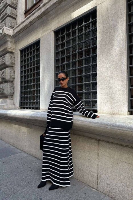 STRIPES SWEATER+SKIRT WOMEN SET BLACK/ E ZEZE - KLAUDIO FASHION