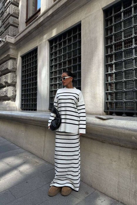 STRIPES SWEATER+SKIRT WOMEN SET WHITE-E BARDHE - KLAUDIO FASHION
