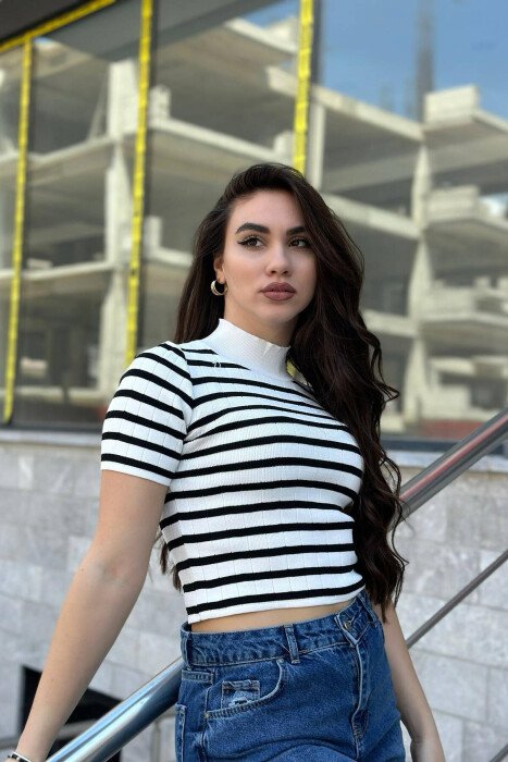STRIPES WOMEN T-SHIRT WHITE-BLACK/BAZE - KLAUDIO FASHION