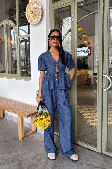 STYLISH DENIM TIE FRONT SHIRT+TROUSERS WOMEN SET BLUE/BLU - 1