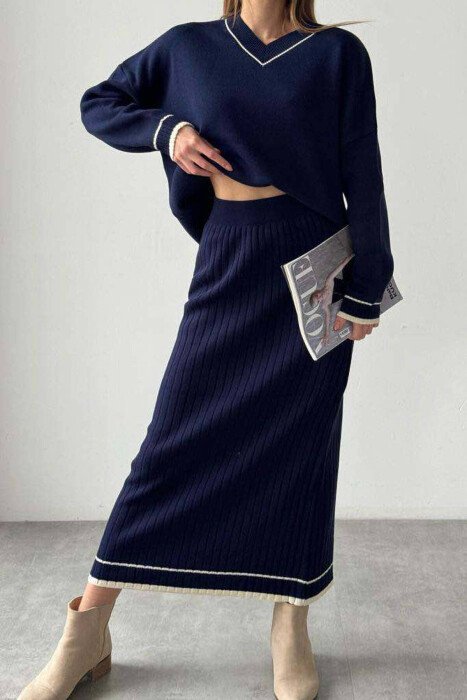 SWEATER+SKIRT V NECK WOMAN SET BLUE/BLU - KLAUDIO FASHION