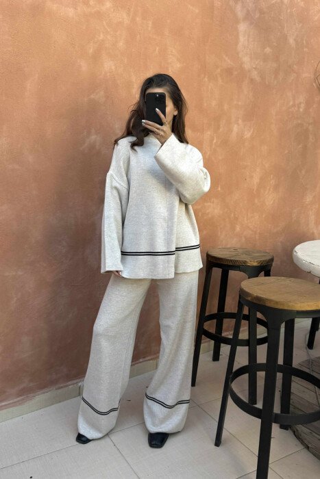 SWEATER+TROUSERS STRIPED WOMEN KNIT SET BEIGE/BEZHE - 1