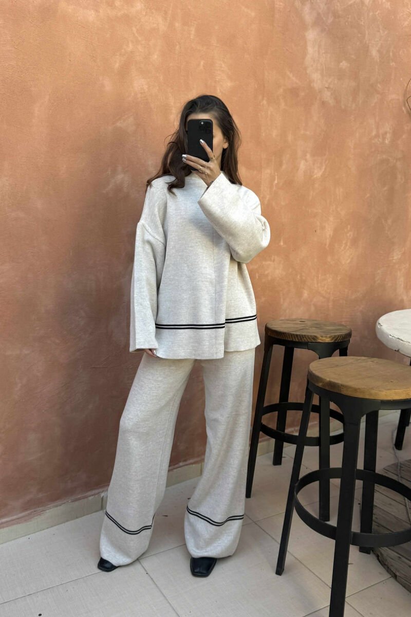 SWEATER+TROUSERS STRIPED WOMEN KNIT SET BEIGE/BEZHE - 1