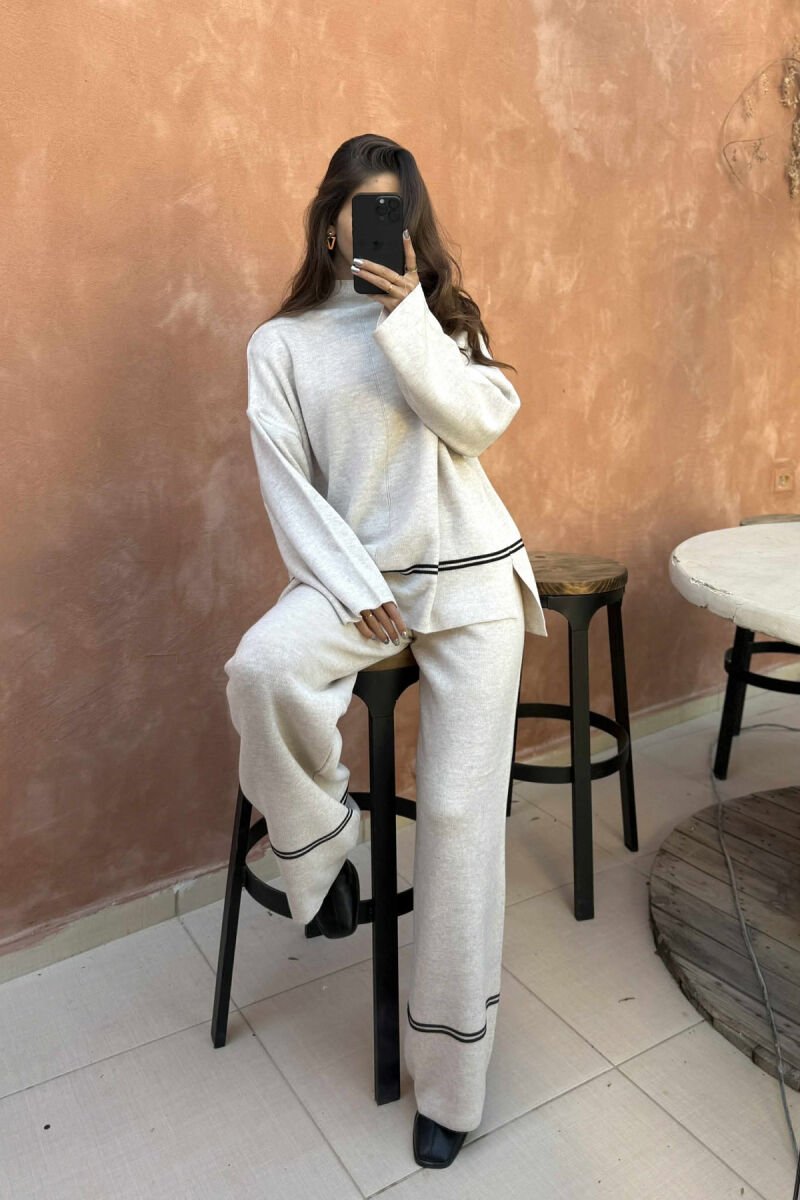 SWEATER+TROUSERS STRIPED WOMEN KNIT SET BEIGE/BEZHE - 2