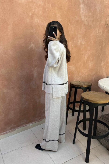 SWEATER+TROUSERS STRIPED WOMEN KNIT SET BEIGE/BEZHE - 3