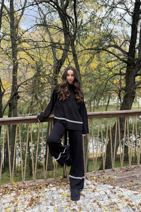 SWEATER+TROUSERS STRIPED WOMEN KNIT SET BLACK/ E ZEZE - 1