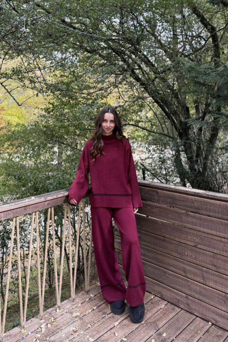SWEATER+TROUSERS STRIPED WOMEN KNIT SET BURGUNDY/VISHNJE 