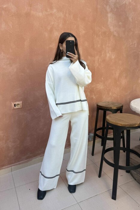SWEATER+TROUSERS STRIPED WOMEN KNIT SET WHITE-E BARDHE 