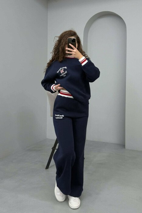 SWEATSHIRT+SWEATPANTS FLUFFY WOMEN SET DARK BLUE/BEE - KLAUDIO FASHION