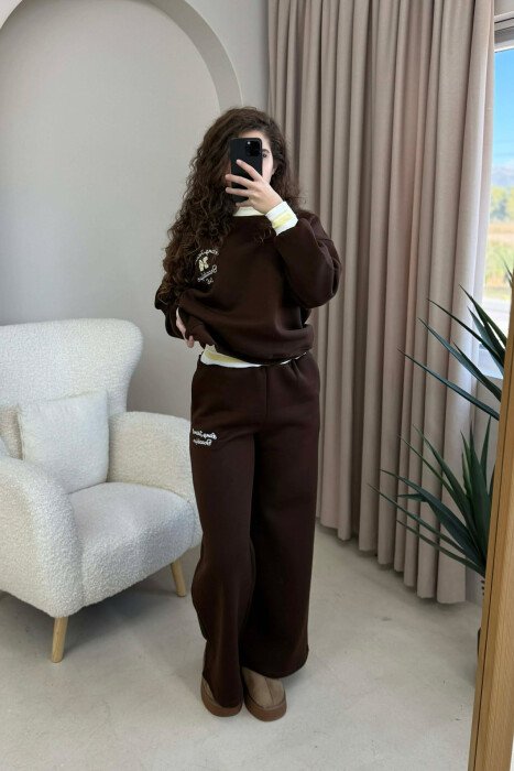 SWEATSHIRT+SWEATPANTS FLUFFY WOMEN SET DARK BROWN/KAE - KLAUDIO FASHION