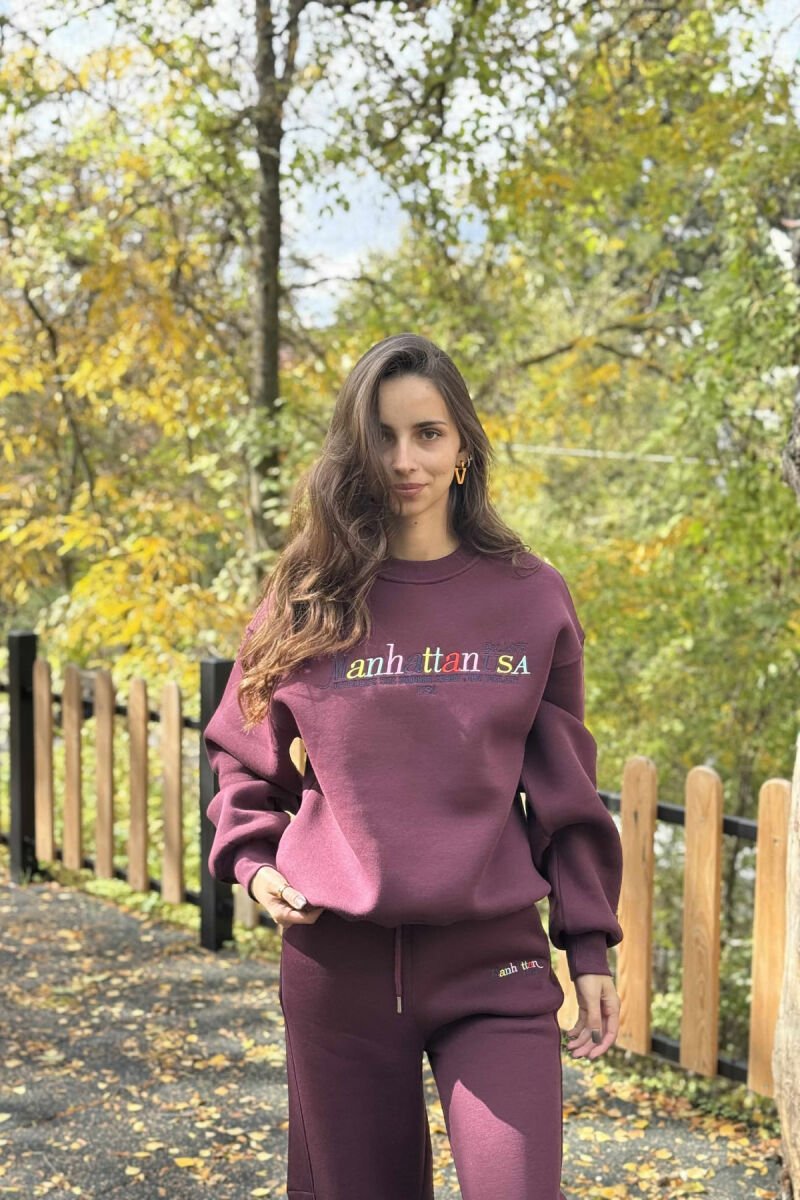 SWEATSHIRT+SWEATPANTS WRITTINGS FLUFFY WOMEN SET BURGUNDY/VISHNJE - 3