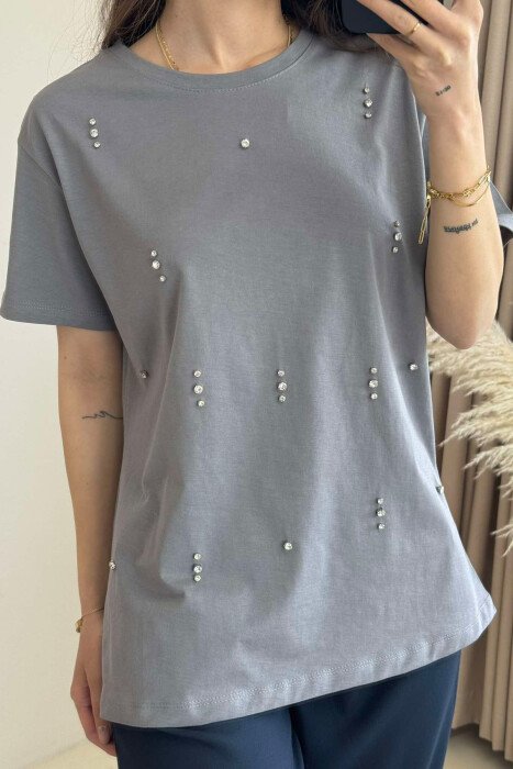 T-SHIRT I THJESHTË ME DETAJIN E GURËVE PËR FEMRA NË NGJYRËN GRI - 2