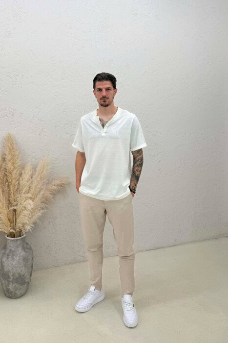 T-SHIRT I THJESHTË ME DETAJIN E KOPSAVE PËR MESHKUJ NË NGJYRËN E BARDHË - 3