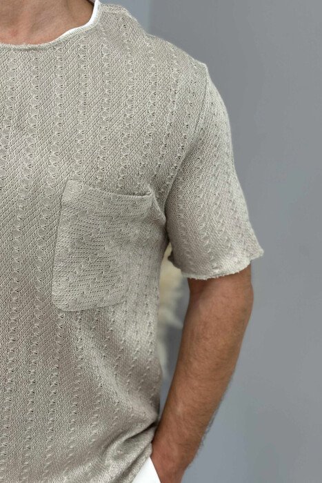T-SHIRT I THJESHTË ME DETAJIN E XHEPIT PËR MESHKUJ NË NGJYRËN BEZHË - 4
