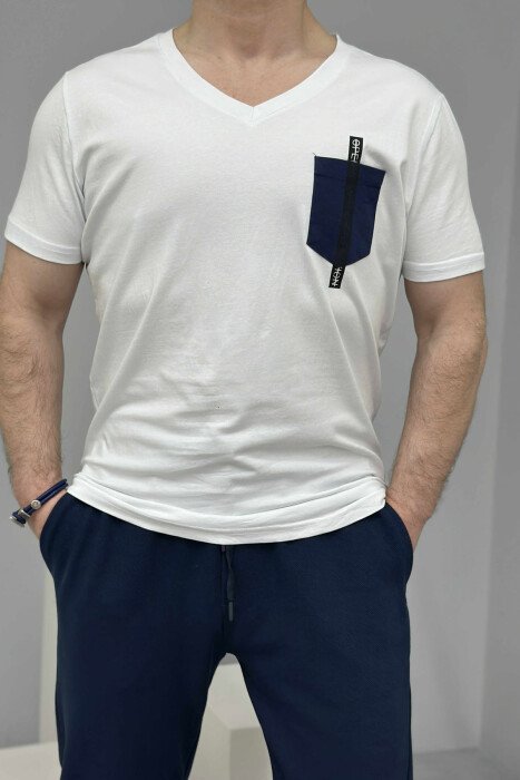 T-SHIRT I THJESHTË ME DETAJIN E XHEPIT PËR MESHKUJ NË NGJYRËN E BARDHË - KLAUDIO FASHION