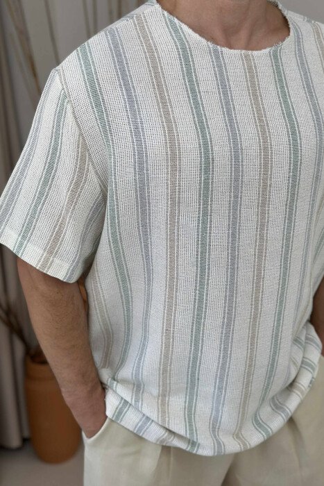 T-SHIRT I THJESHTË ME DIZAJNIN E VIJAVE PËR MESHKUJ NË NGJYRËN KREM - 3
