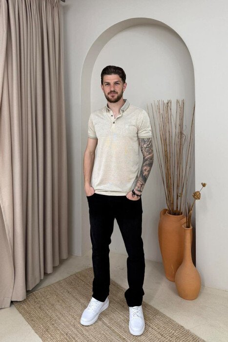 T-SHIRT I THJESHTE ME JAKE POLO PER MESHKUJ NE NGJYRE BEZHE - 4