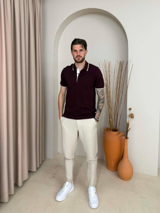 T-SHIRT I THJESHTE ME JAKE POLO PER MESHKUJ NE NGJYRE VISHNJE - 3