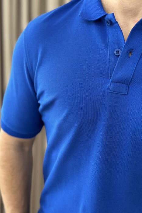 T-SHIRT NJË NGJYRËSH ME JAKË POLO PËR MESHKUJ NË NGJYRËN BLU - 4