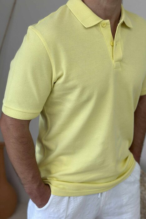 T-SHIRT NJË NGJYRËSH ME JAKË POLO PËR MESHKUJ NË NGJYRËN E VERDHË - 3