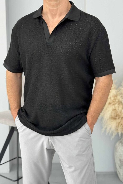 T-SHIRT I THJESHTË ME JAKË POLO PËR MESHKUJ NË NGJYRËN E ZEZË - 2