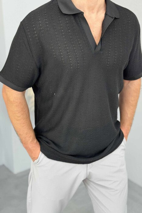 T-SHIRT I THJESHTË ME JAKË POLO PËR MESHKUJ NË NGJYRËN E ZEZË - 3