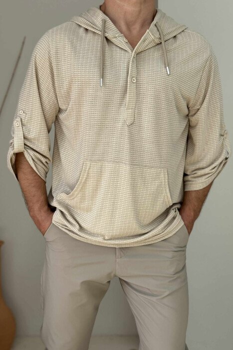 T-SHIRT I THJESHTË ME KAPUÇ PËR MESHKUJ NË NGJYRËN BEZHË - 4