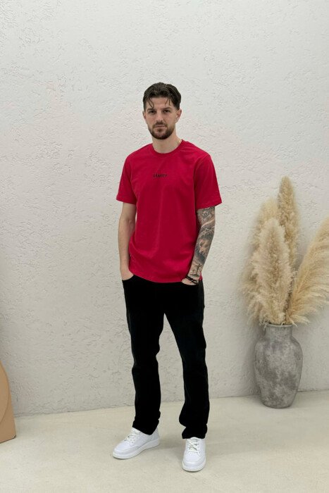 T-SHIRT I THJESHTË ME SHKRIME PËR MESHKUJ NË NGJYRËN E KUQE - 3