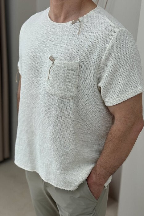 T-SHIRT I THJESHTË ME XHEP PËR MESHKUJ NË NGJYRËN KREM - 3