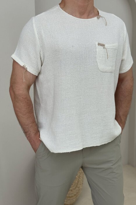 T-SHIRT I THJESHTË ME XHEP PËR MESHKUJ NË NGJYRËN KREM - 2