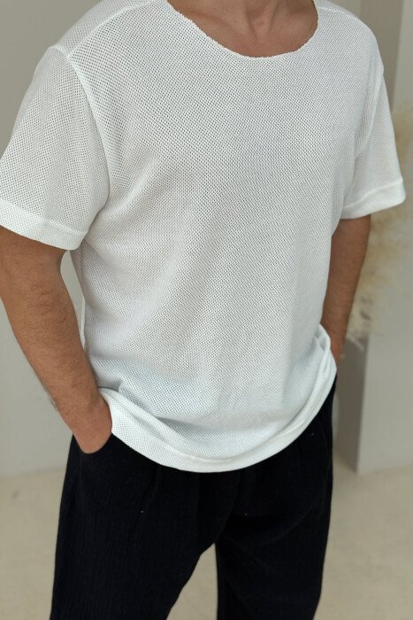 T-SHIRT NJË NGJYRËSH I THJESHTË PËR MESHKUJ NË NGJYRËN E BARDHË - 3