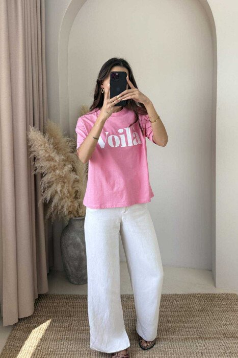 T-SHIRT I THJESHTË PËR FEMRA ME SHKRIM VOILA NË NGJYRËN ROZË - 2